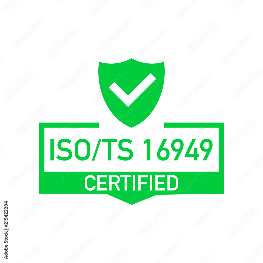 ISO TS 16949 Certified badge, icon. Certification stamp. Flat design vector. ISO TS 16949 Certified badge, icon. Certification stamp. Flat design vector.