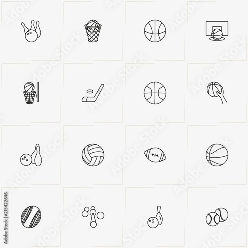 Balls line icon set with basketball board, bowling and billiard