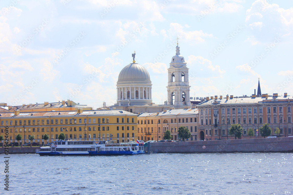 St. Petersburg City Skyline with Historical Architecture Buildings in Russia. Outdoor Scenery of City Architecture with Colorful Classic European Houses and Tourist Cruise Boat on Neva River.