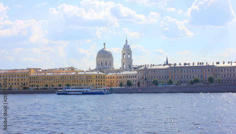 St. Petersburg City Skyline with Historical Architecture Buildings in Russia. Outdoor Scenery of City Architecture with Colorful Classic European Houses and Tourist Cruise Boat on Neva River.