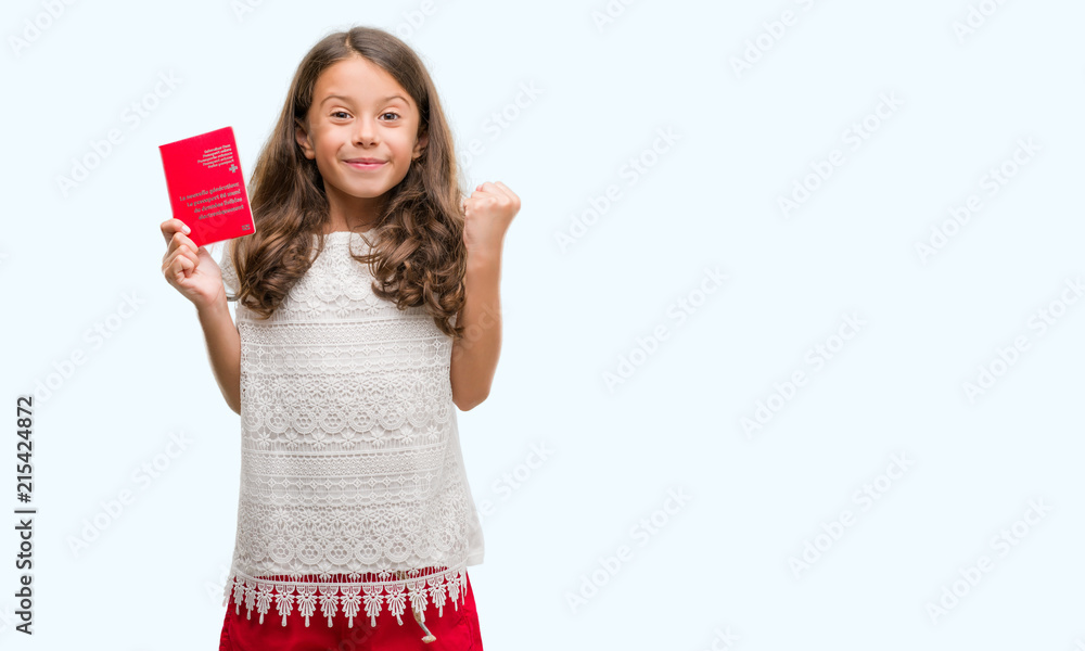 Brunette hispanic girl holding passport of Switzerland screaming proud and celebrating victory and success very excited, cheering emotion Brunette hispanic girl holding passport of Switzerland screaming proud and celebrating victory and success very excited, cheering emotion