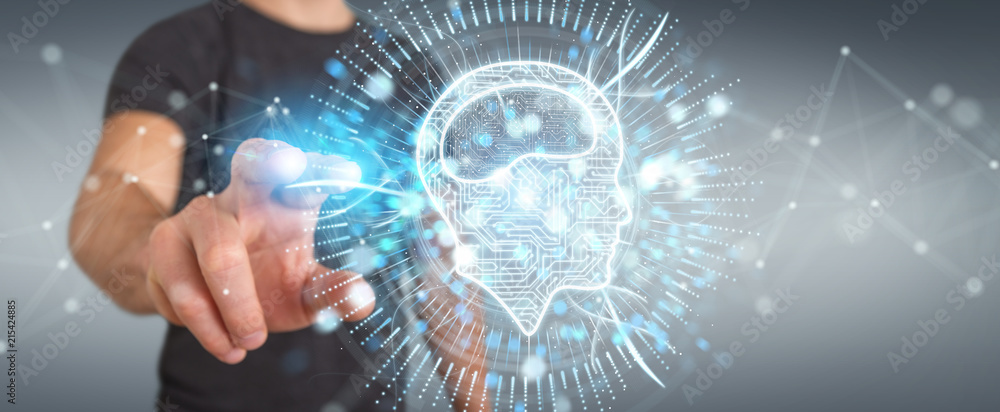 Businessman using digital artificial intelligence icon hologram 3D rendering Businessman using digital artificial intelligence icon hologram 3D rendering