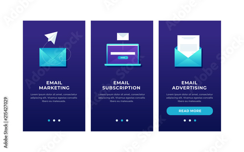 Modern interface for e-mailing. Template for smartphone or Mobile Apps. Mail envelopes and open laptop on blue background. Modern interface UI, UX and GUI Screens.  Flat vector illustration.