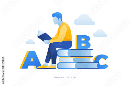 Theme of education, reading books, visiting library. Image of reading person surrounded by books and alphabet. Self-study. Reading in public places. Vector flat image.