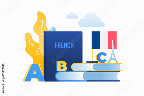 Studying of foreign language. Image of French flag, alphabet, books and silhouette of Eiffel tower. Concept of education. Vector flat image.