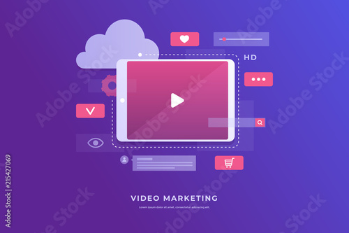 Video marketing concept. Tablet screen with an icon of video player and icons for mobile applications. Innovations and technologies. Vector flat illustration.
