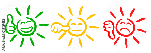 Three colored sun with valuation thumbs, smilies, set smiley emotion, by smilies, cartoon emoticons sun - vector