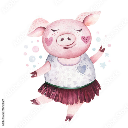 Watercolor cute Pig symbol 2019 illustration. Isolated funny cartoon ping animal Happy Chinese New Year piggy art. photo