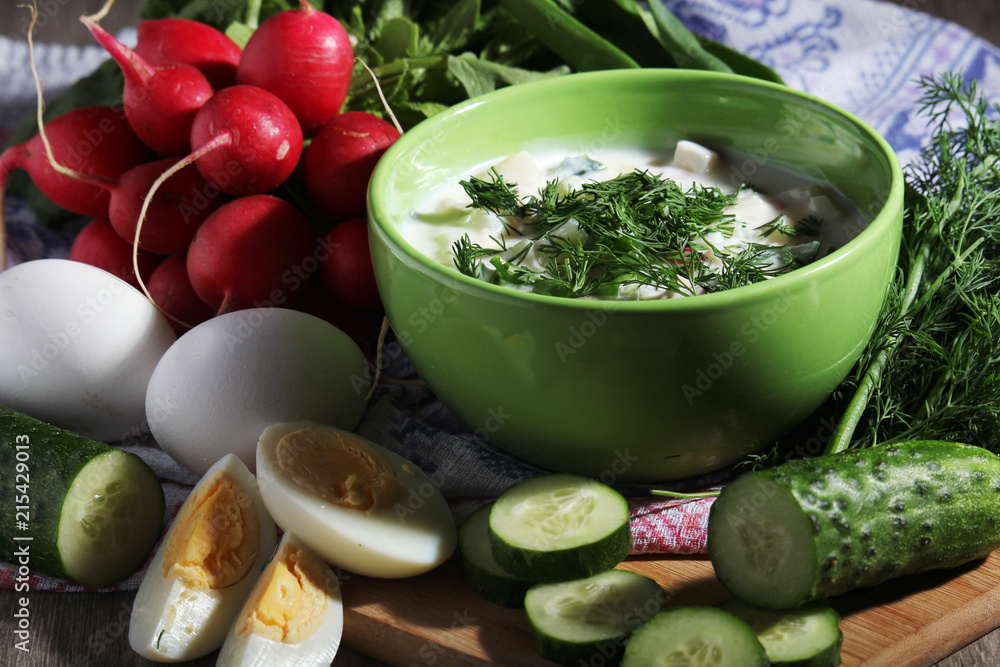 A bowl with traditinal Russian cuisine soup okroshka A bowl with traditinal Russian cuisine soup okroshka
