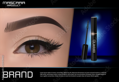 Luxury mascara ads,with bright left eye, eyelash and colorful brushes for advertising use,black and golden package with streamline background illustration vector design.