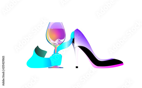 Business party logo, biz women, Wine tie. Shoe abstract girl concept. Isolated vector, infographic and social media illustration for Web and Mobile Applications. Drink and celebrate successful work