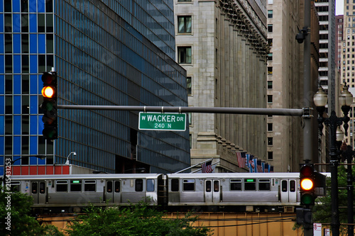 View of Chicago's elevated green line train and track on Lake and LaSalle Streets in Chicago Loop.