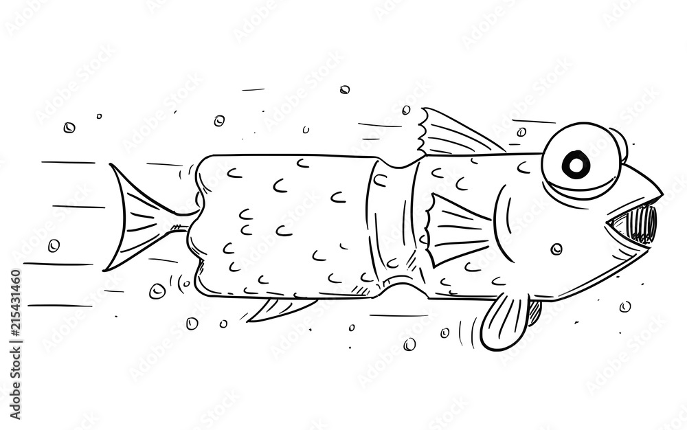 Cartoon drawing conceptual illustration of fish which ate plastic or PET  bottle. Concept of environmental and water pollution. Stock Vector | Adobe  Stock