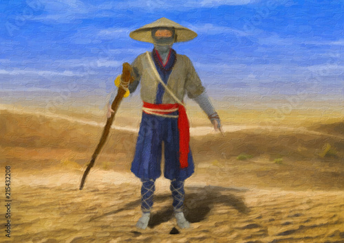 Painting Style Illustration of Wise Old Traditional Asian Man Walking Through Desert