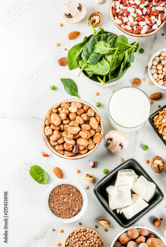 Healthy diet vegan food, veggie protein sources: Tofu, vegan milk, beans, lentils, nuts, soy milk, spinach and seeds. Top view on white table.