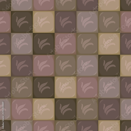 Square vector convex segments of chocolate of different shades from light dairy to dark brown bitter with a pattern in the form of light leaves or birds seamless pattern.