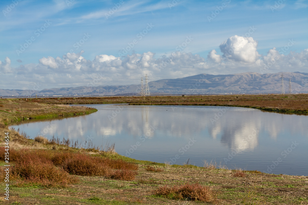 Puffy Clouds Reflected in a Slough on the Edge of San Francisco Bay, Palo Alto, California
