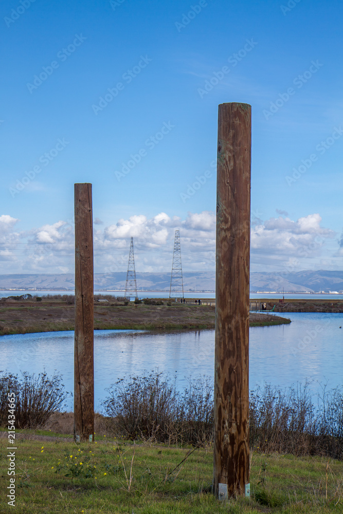 Posts and power Pylons on the Slough, San Francisco Bay