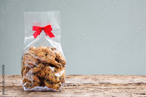 chocolate chip cookies in plastic bag packaging with copy space.