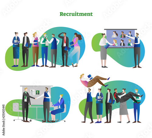 Recruitment cycle vector illustration. Collection with candidates search, choose best one, interview with CV and photo. Hiring person and congratulating new colleague.