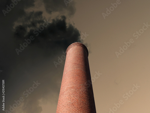 Billowing brick smokestack pouring pollution into a dark stormy sky.
