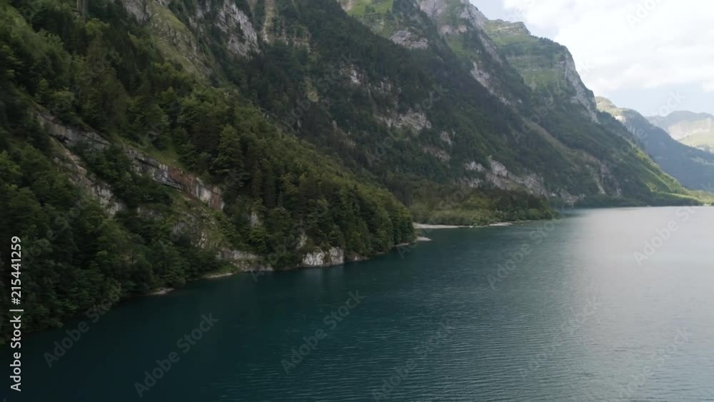 aerial view of blue mountain lake in swiss alps, klontalersee switzerland aerial view of blue mountain lake in swiss alps, klontalersee switzerland
