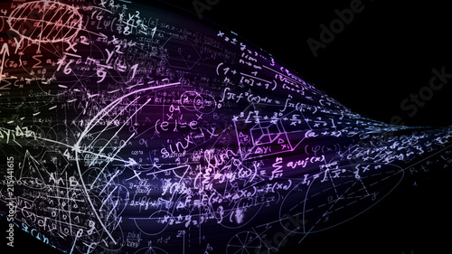 3D rendering of abstract blocks of mathematical formulas located in the virtual space