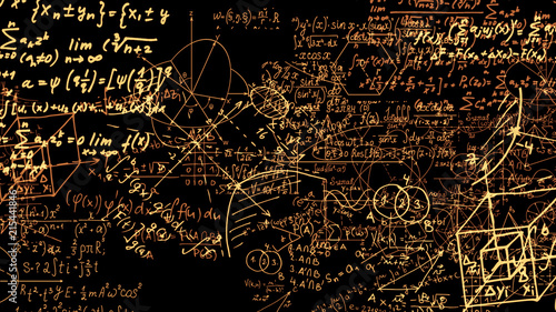 3D rendering of abstract blocks of mathematical formulas located in the virtual space