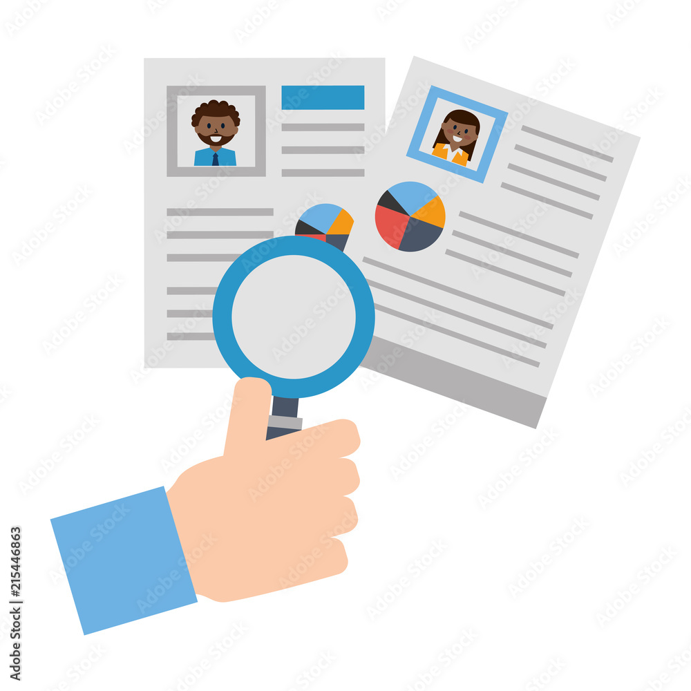 hand with set of curriculum vitae and magnifying glass hand with set of curriculum vitae and magnifying glass