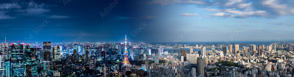 Tokyo cityscape night and day. Panorama view.