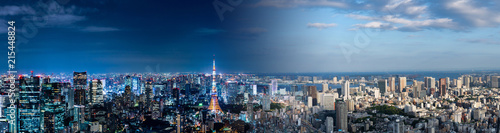 Tokyo cityscape night and day. Panorama view.
