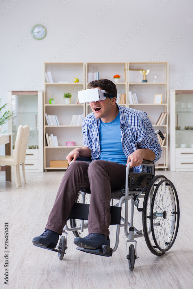 Disabled man studying with virtual reality glasses Disabled man studying with virtual reality glasses