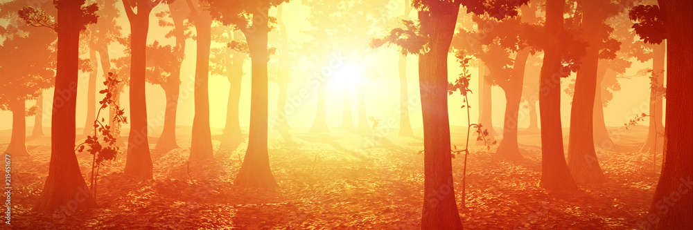 Obraz premium foggy forest at sunrise, peaceful landscape, warm magical background with trees
