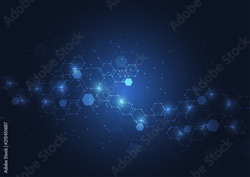 Abstract hexagonal molecular structures in technology background and science style. Geometric graphics and connected lines with dots. Medical design. Vector illustration