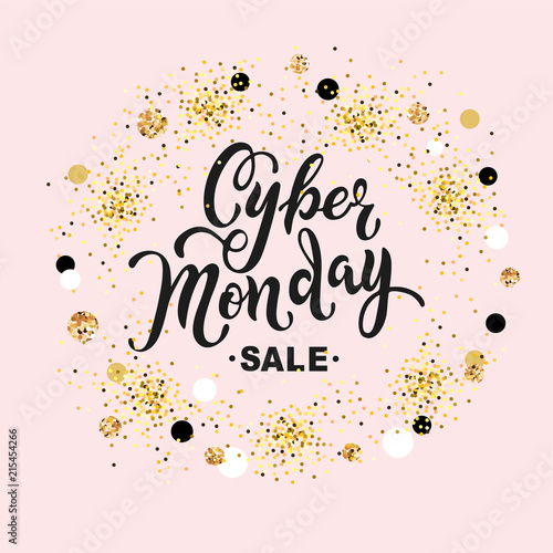 Cyber Monday sale. Hand drawn lettering Cyber Monday for banner, logo, badge, web, poster. Discount time. Vector illustration Cyber Momday isolated on pink background with golden confetti. photo