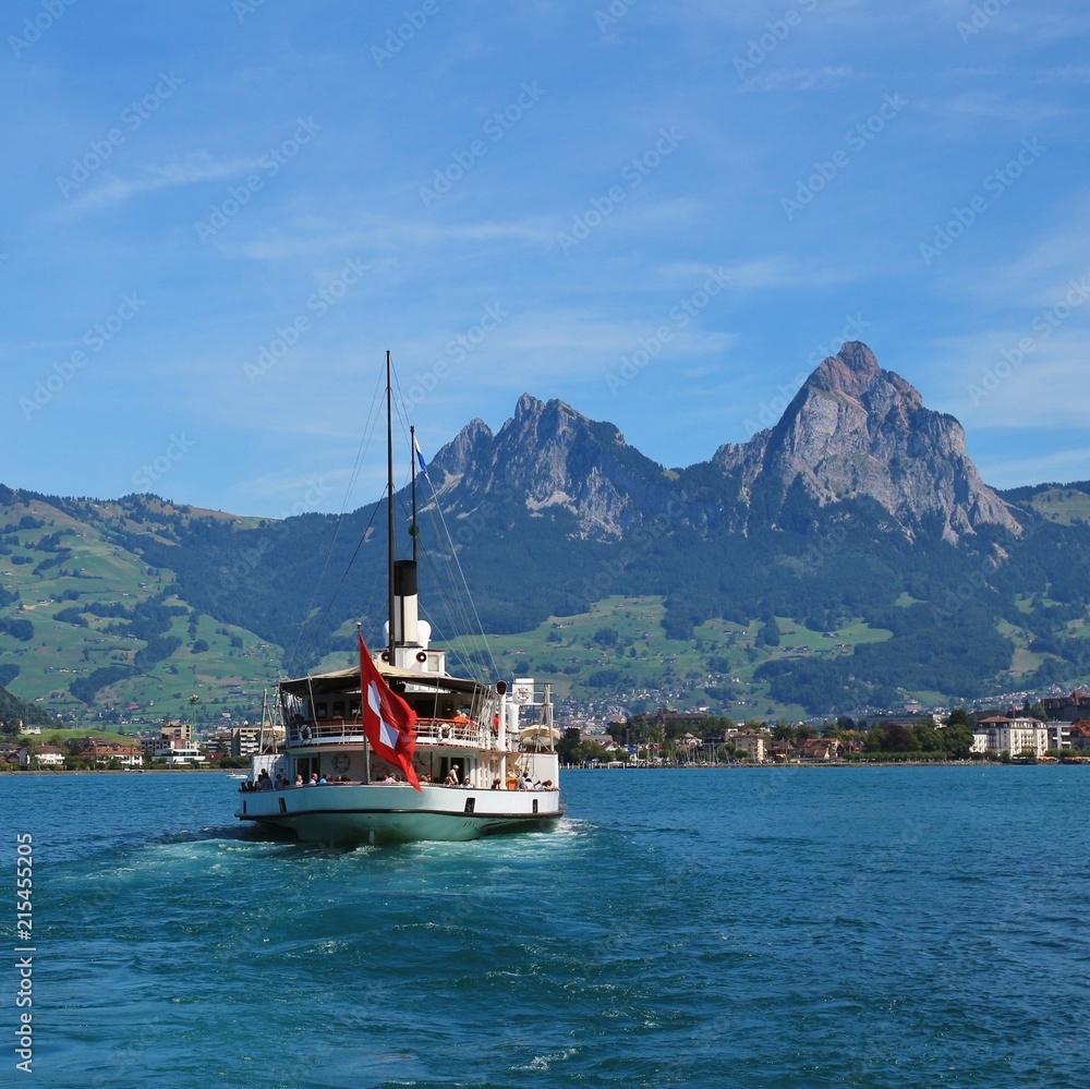 Ship on Lake Lucerne. Mount Grosser Mythen.