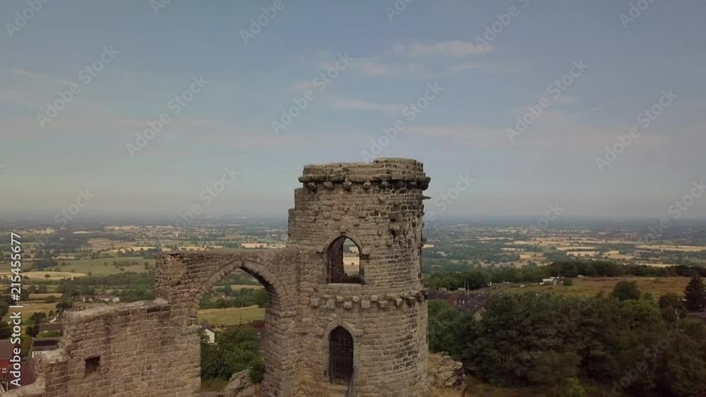 Mow Cop Castle reveal aerial shot of landscape & ruins Mow Cop Castle reveal aerial shot of landscape & ruins