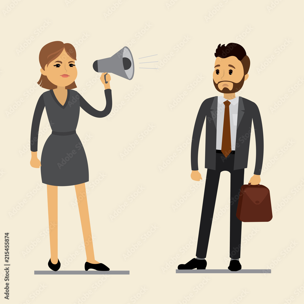 Business woman boss shouts at the surprised man employee in the megaphone Business woman boss shouts at the surprised man employee in the megaphone