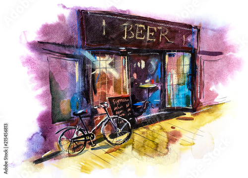 Beer bar or pub Watercolor illustration Urban scenic landscape. photo