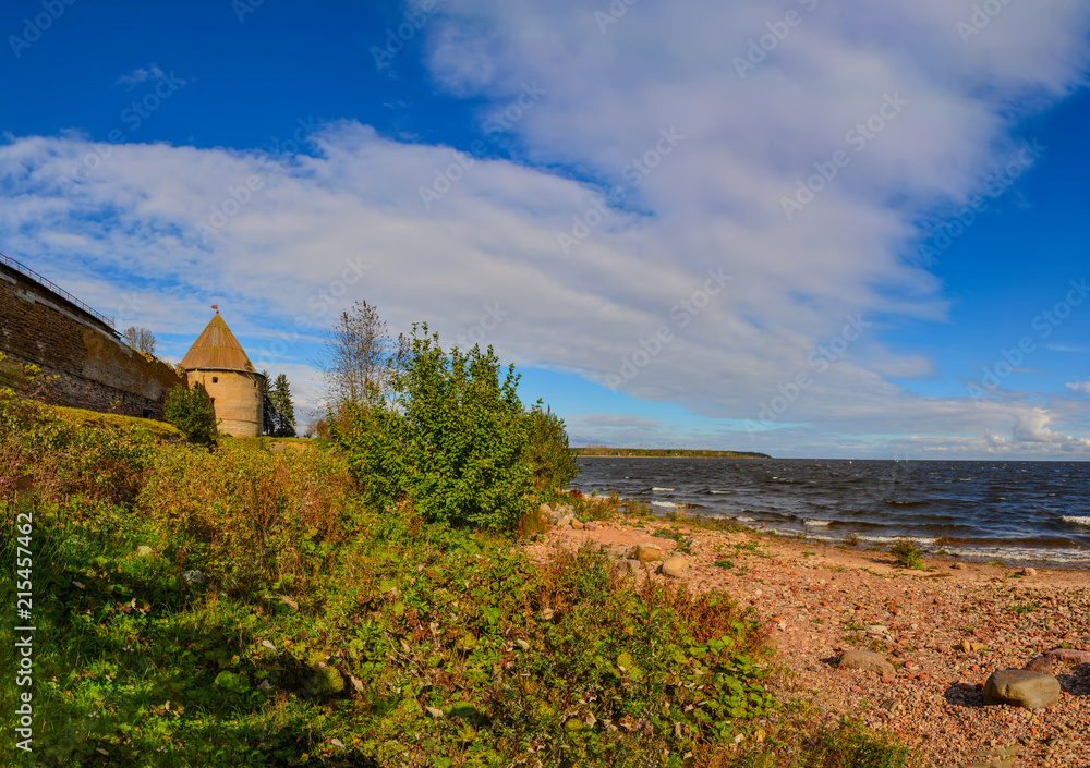 Preserved buildings of the ancient fortress on the island of Nut at the mouth of the Neva river.