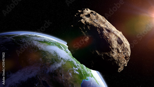 asteroid approaching planet Earth, meteorite in orbit before impact