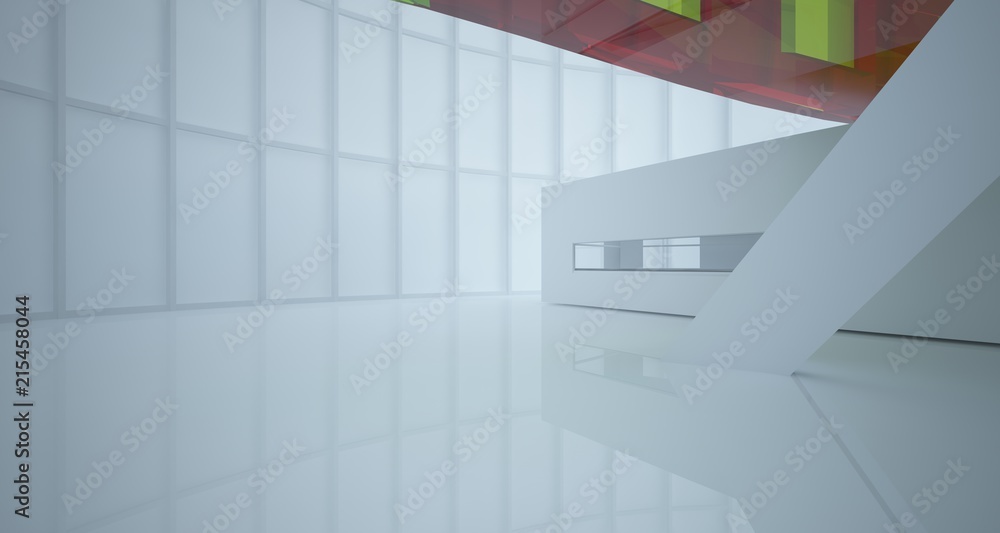 Obraz premium Abstract white and colored gradient glasses interior multilevel public space with window. 3D illustration and rendering.