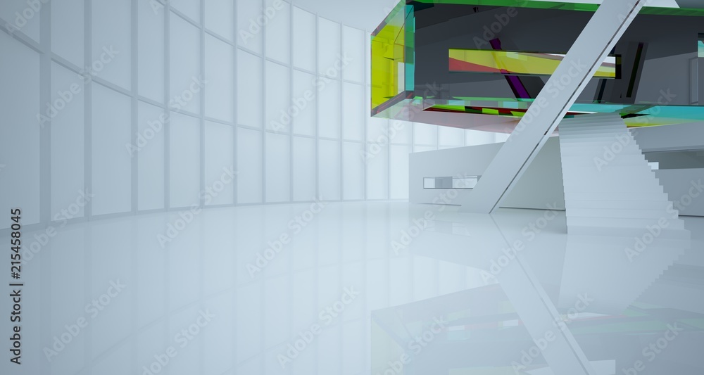 Obraz premium Abstract white and colored gradient glasses interior multilevel public space with window. 3D illustration and rendering.