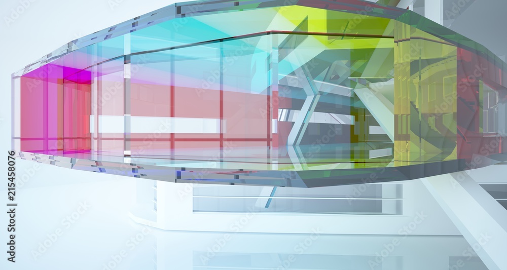 Fototapeta premium Abstract white and colored gradient glasses interior multilevel public space with window. 3D illustration and rendering.