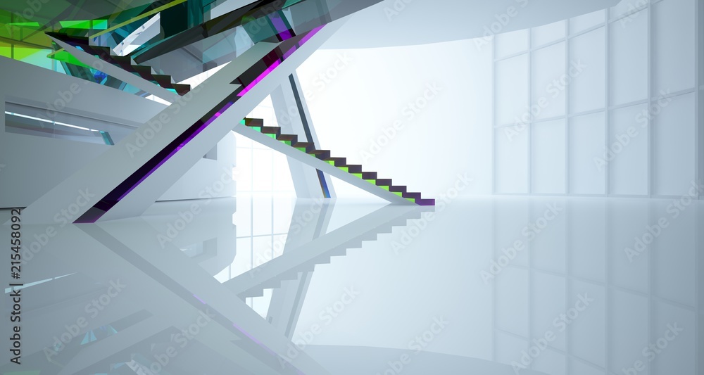 Fototapeta premium Abstract white and colored gradient glasses interior multilevel public space with window. 3D illustration and rendering.