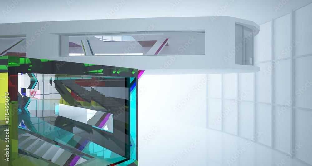 Fototapeta premium Abstract white and colored gradient glasses interior multilevel public space with window. 3D illustration and rendering.