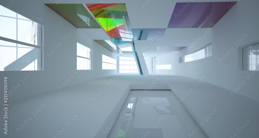 Obraz premium Abstract white and colored gradient glasses interior multilevel public space with window. 3D illustration and rendering.