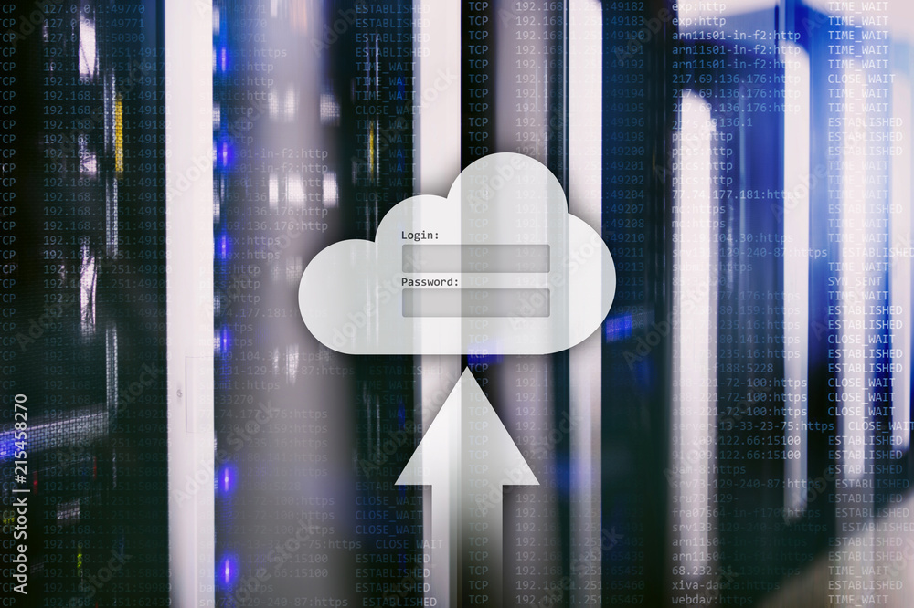 Cloud storage, data access, login and password request window on server room background. Internet and technology concept.