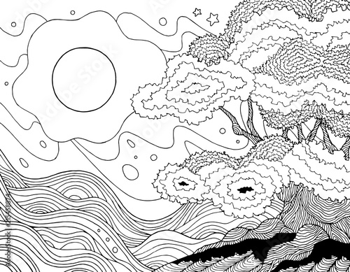 oak tree wave cloud vector hand drawing illustration design
