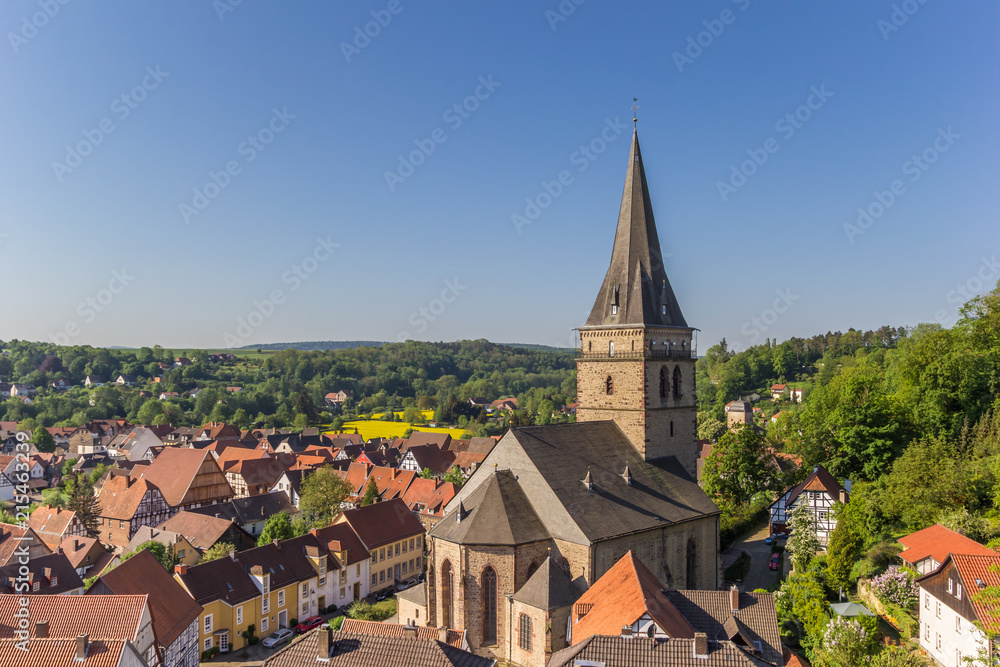 Church tower and surrounding landscape in Warburg, Germany